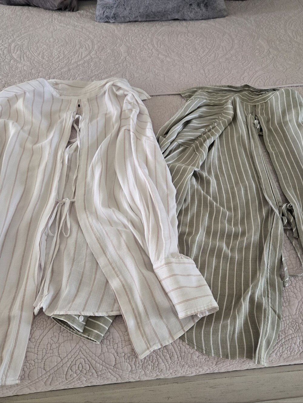 Striped Tie-Front Button Blouse - White & Olive